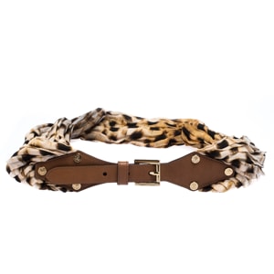 Roberto Cavalli Leopard Print Satin and Leather Waist Belt 95CM
