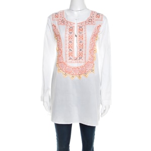 Roberto Cavalli White Cotton Beaded Embroidered Detail Long Sleeve Blouse S