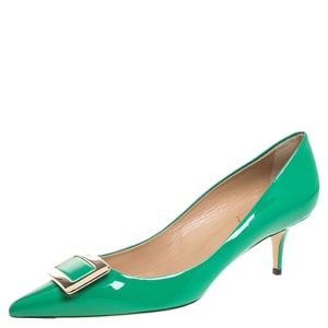 Roger Vivier Green Patent Leather Metal Logo Pointed Toe Pumps Size 38