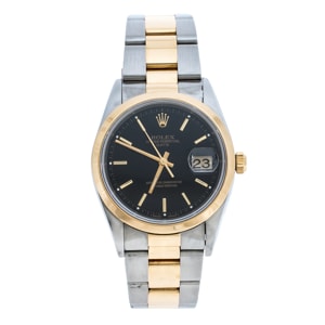 Rolex Black 18K Yellow Gold Stainless Steel Oyster Perpetual Date 15203 Men's Wristwatch 34 mm