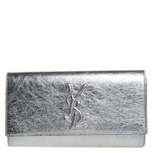 Saint Laurent Metallic Silver Leather Belle De Jour Flap Clutch