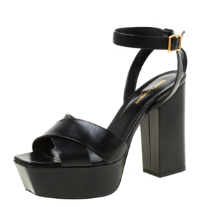 Saint Laurent Paris Black Leather Farrah Criss Cross Platform Sandals Size 39.5