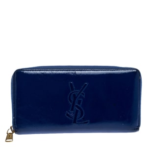 Saint Laurent Paris Blue Patent Leather Zip Around Wallet