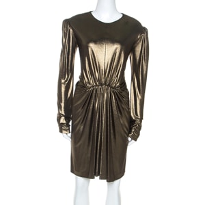 Saint Laurent Paris Gold Stretch Knit Gathered Waist Detail Dress M