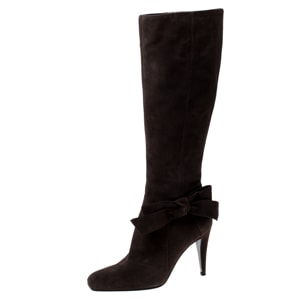 Sergio Rossi Dark Brown Suede Bow Knee High Boots Size 37.5