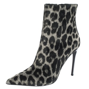 Stella McCartney Black Leopard Print Velvet Pointed Toe Ankle Booties Size 37