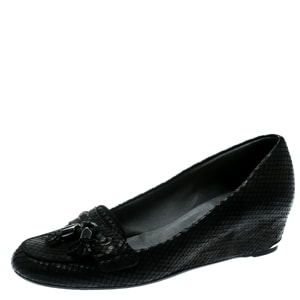 Stuart Weitzman Black Python Embossed Leather Wedge Tassel Detail Loafers Pumps Size 41