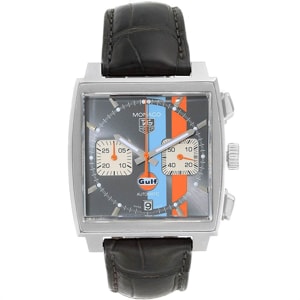 Tag Heuer Black/Orange/Blue Stainless Steel Monaco Gulf Calibre 12 CAW2113 Men's Wristwatch 39 MM