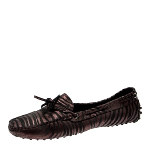 Tod's Metallic Bronze/Black Zebra Print Leather Bow Loafers Size 40