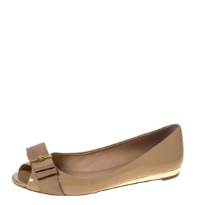 Tory Burch Beige Patent Leather Trudy Bow Ballet Flats Size 38.5
