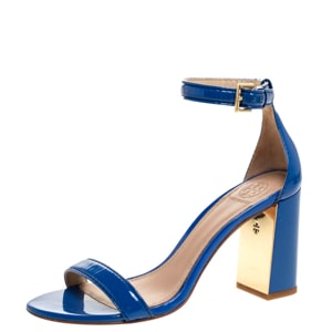 Tory Burch Blue Patent Leather Cecile Block Heel Ankle Strap Sandals Size 37