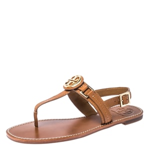 Tory Burch Brown Leather Everly T-Strap Flat Sandals Size 38.5
