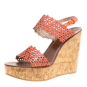 Tory Burch Coral Red Perforated Leather Daisy Cork Wedge Sandals Size 41