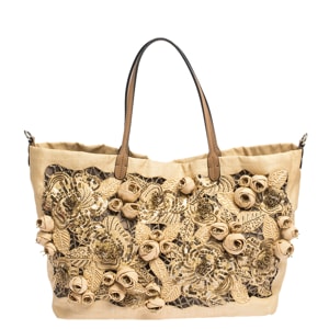 Valentino Beige Canvas, Sequin and Beaded Floral Applique Tote