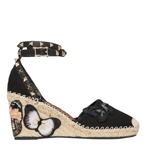 Valentino Black Embroidered Butterfly Canvas Espadrille Wedge Sandals Size 36