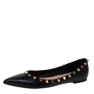 Valentino Black Leather Rockstud Pointed Toe Ballet Flats Size 37.5