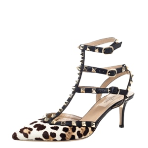 Valentino Black/White Leopard Print Pony Hair Rockstud Ankle Strap Sandals Size 38