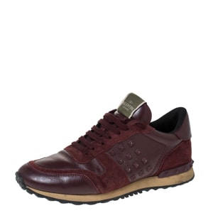 Valentino Burgundy Leather and Suede Rockstud Sneakers Size 42