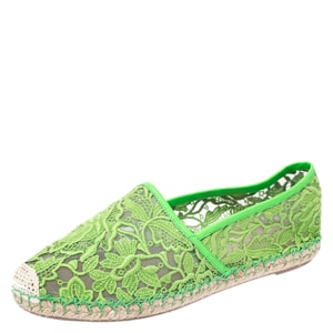 Valentino Green Lace, Leather Trim And Mesh Espadrille Flats Size 38
