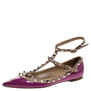 Valentino Purple Patent Leather And Leather Rockstud Double Ankle Strap Cage Ballerina Flats Size 38