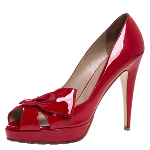 Valentino Red Patent Leather Bow Open Toe Platform Pumps Size 40