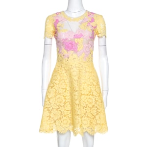 Valentino Yellow & Pink Lace Tulle Scalloped Hem Dress S