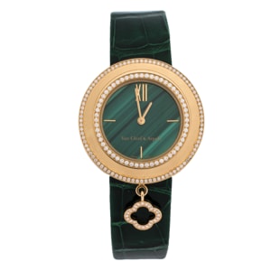 Van Cleef & Arpels Green Malachite 18K Rose Gold Diamond Charms VCARO8NR00 Women's Wristwatch 32 mm