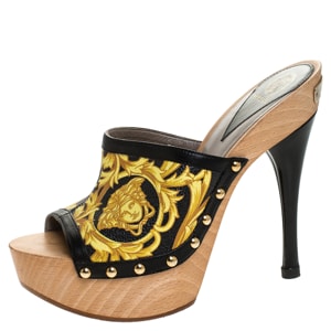 Versace Black/Yellow Barocco Printed Leather Clog Platform Sandals Size 37.5