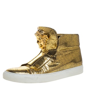 Versace Metallic Gold Crackle Leather Medusa High Top Sneakers Size 40