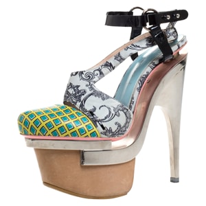 Versace Multicolor Printed Leather Triple Metal Heel Ankle Strap Sandals Size 39