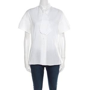 Yves Saint Laurent Off White Checkered Cotton Dobby Neck Tie Detail Shirt L