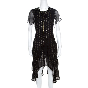 Zadig and Voltaire Noir Crepe Lurex Detail Ruffled Rool Shiny Shirt Dress S