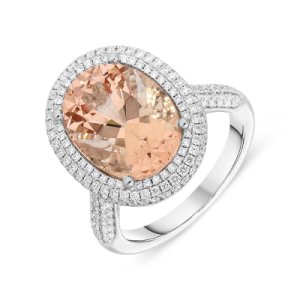 C W Sellors Precious Gemstones - 18ct white gold 6.38ct morganite diamond double halo ring