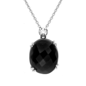 18ct White Gold Whitby Jet and Diamond Small Faceted Oval Necklace