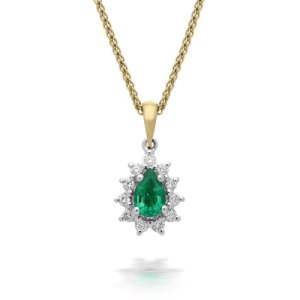 C W Sellors Precious Gemstones - 18ct yellow gold 0.32ct emerald diamond pear cluster necklace