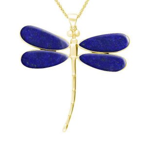 9ct Yellow Gold Lapis Lazuli Four Stone Large Dragonfly Necklace