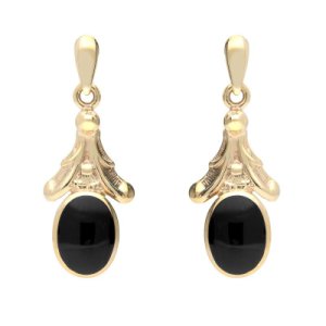 9ct Yellow Gold Whitby Jet Oval Leaf Drop Stud Earrings