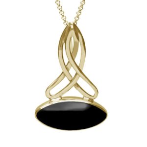 C W Sellors - 9ct yellow gold whitby jet wide marquise celtic necklace