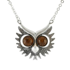 Sterling Silver Amber Owls Face Necklace