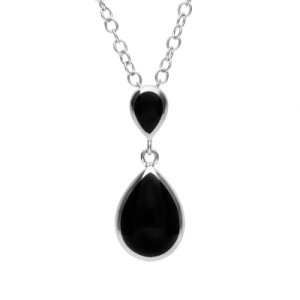 Sterling Silver Whitby Jet Double Pear Drop Necklace