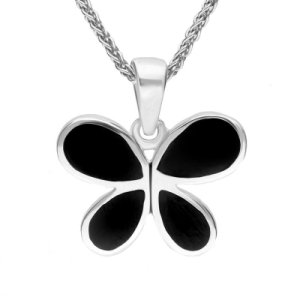 Sterling Silver Whitby Jet Four Stone Butterfly Necklace
