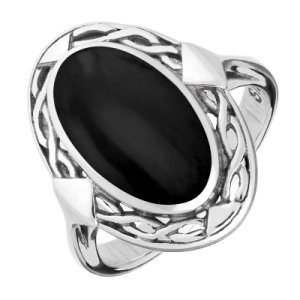 Sterling Silver Whitby Jet Oval Celtic Ring