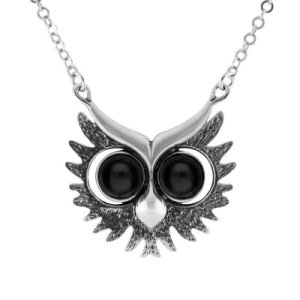 C W Sellors - Sterling silver whitby jet owls face necklace