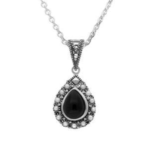 Sterling Silver Whitby Jet Pearl Marcasite Edge Pear Necklace