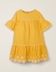 Robe taille basse avec ourlet en broderie anglaise YEL Fille Boden, Yellow