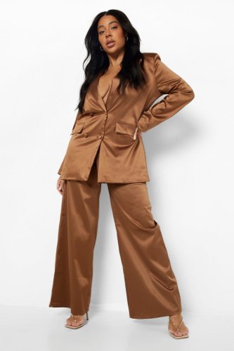 Boohoo - Grande taille - pantalon de costume large effet satiné - marron chocolat - 48, marron chocolat