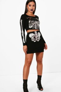 Boohoo - Halloween imy skeleton crop and skirt set - noir - 34, noir