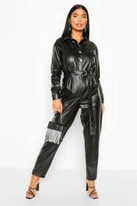 Boohoo - Petite faux leather boilersuit - noir - 34, noir