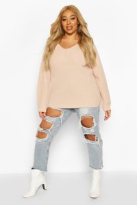 Pull Oversize À Col En V Plus - Nude/Coquille d'œuf - 44-46, Nude/Coquille D'Œuf