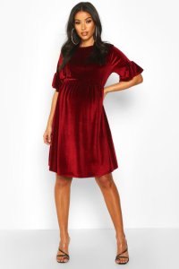 Boohoo - Robe de maternité À smocks en velours - rouge lie de vin - 36, rouge lie de vin